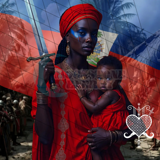 An artistic representation of a woman in red holding a child, with the Haitian flag in the background, symbolizing strength.