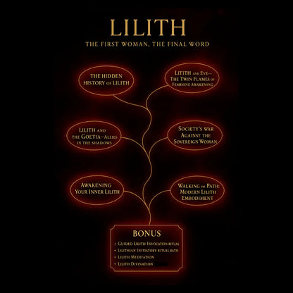 Lilith: The First Woman, The Final Word course outline showing topics like Lilith's hidden history and awakening your inner Lilith.