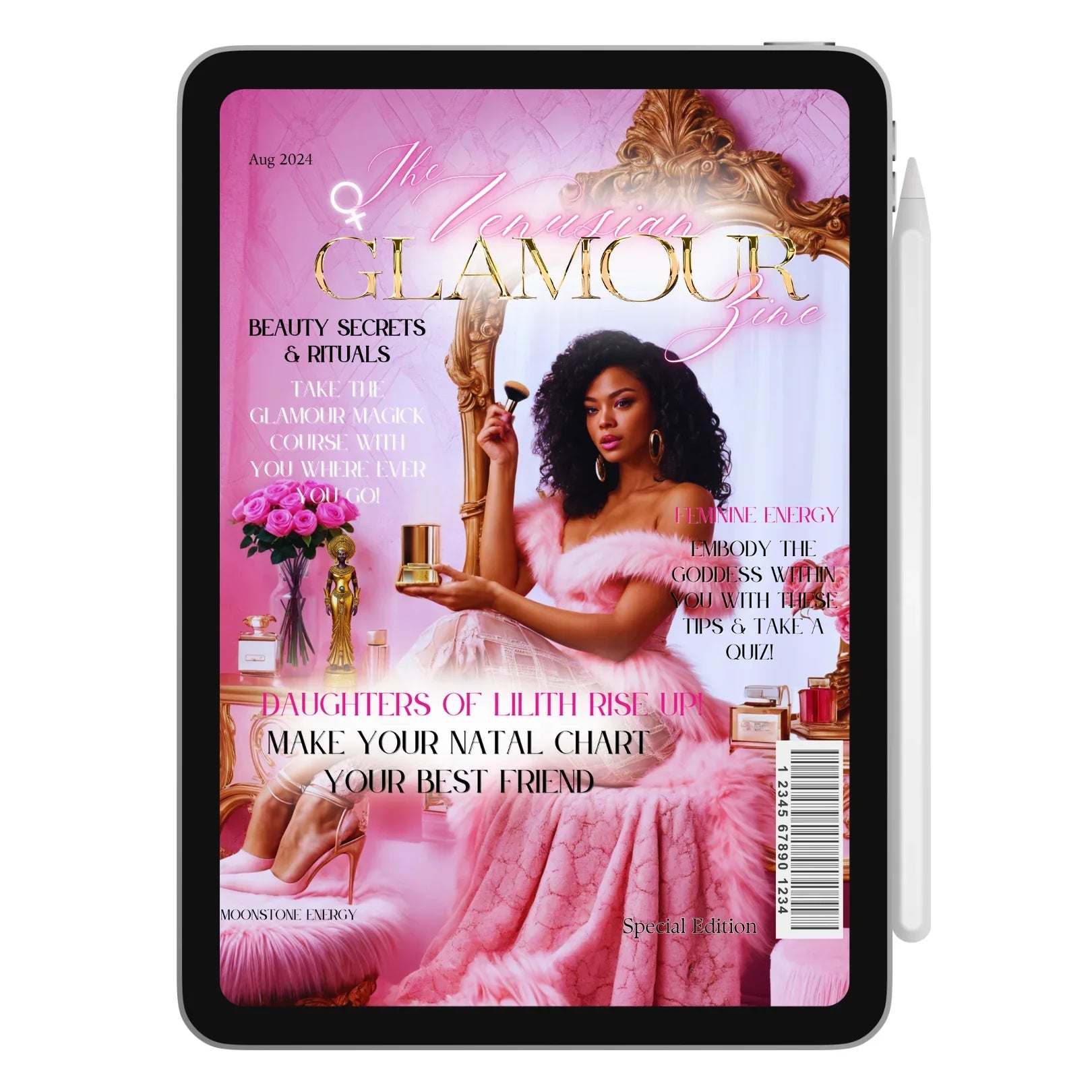 Heir of Venus Bundle featuring The Venusian Glamourzine on an iPad, highlighting beauty secrets and rituals.